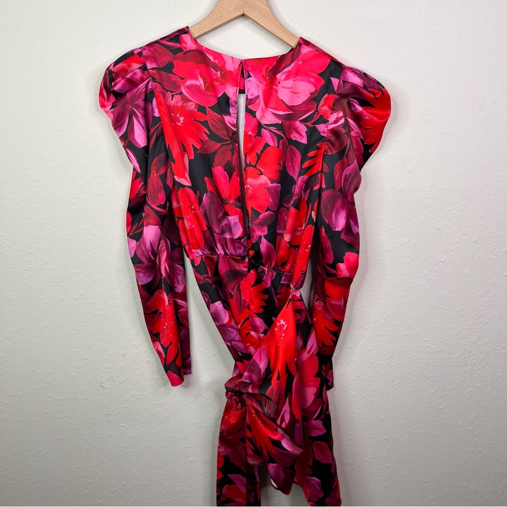 NBD Levigne Floral Mini Dress Long Sleeve Puffy Sleeves XS Wrap Revolve - Picture 9 of 12